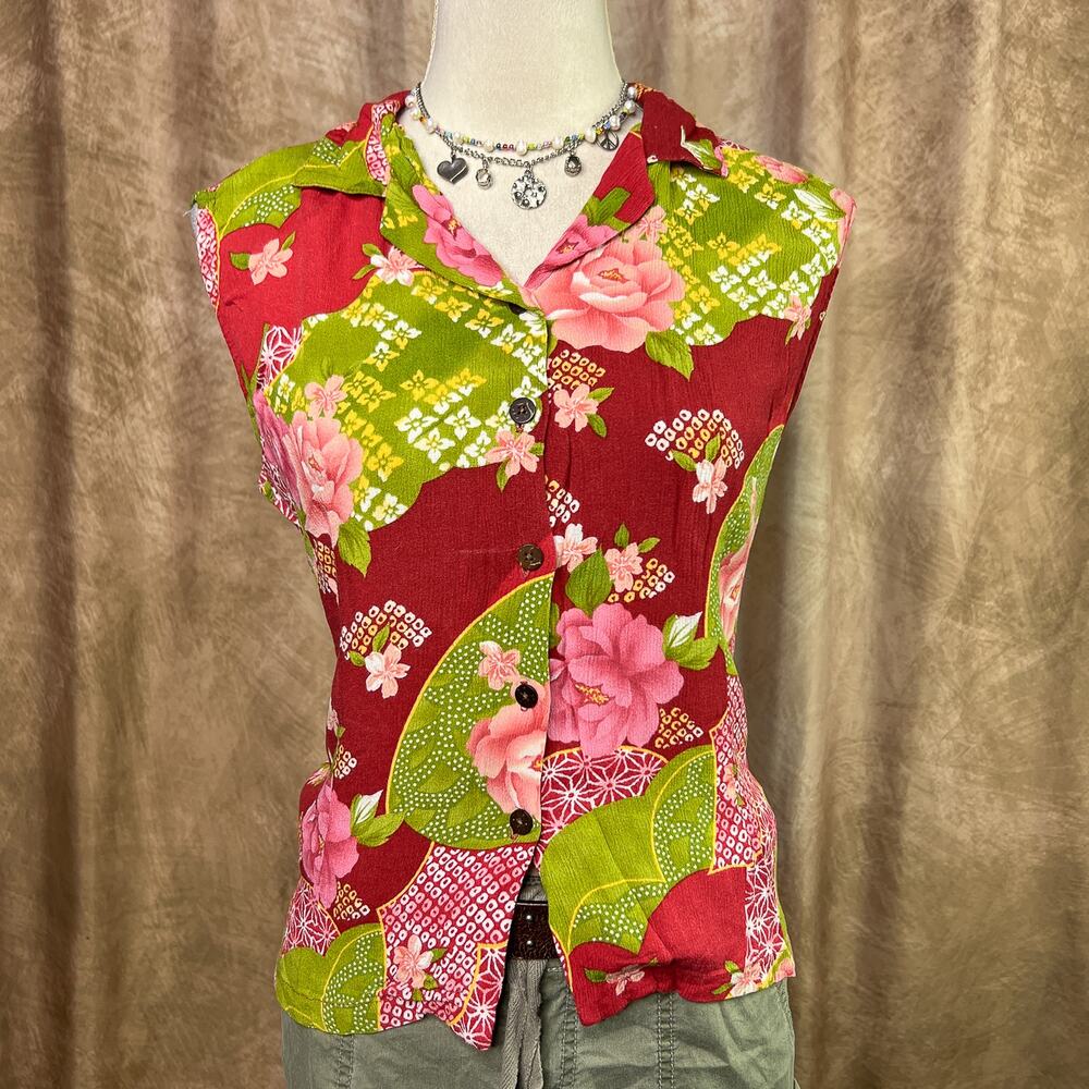 Vintage Boho Floral Top 90s Sleeveless Button Up Hawaiian Shirt Multicolor Y2K